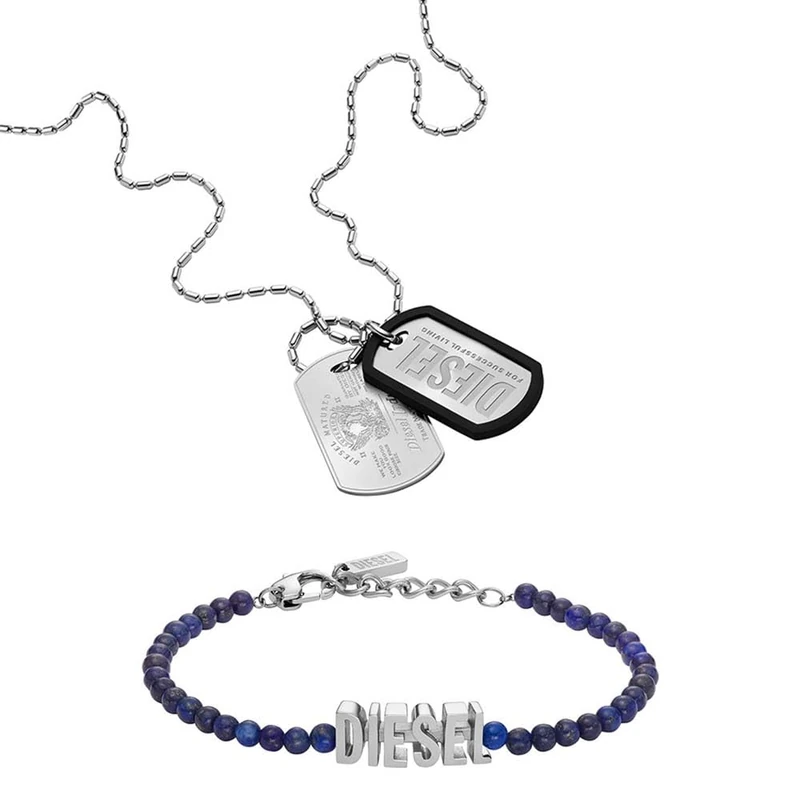 Diesel Men's Font Silver-Tone Stainless Steel Necklace and Bracelet, Set