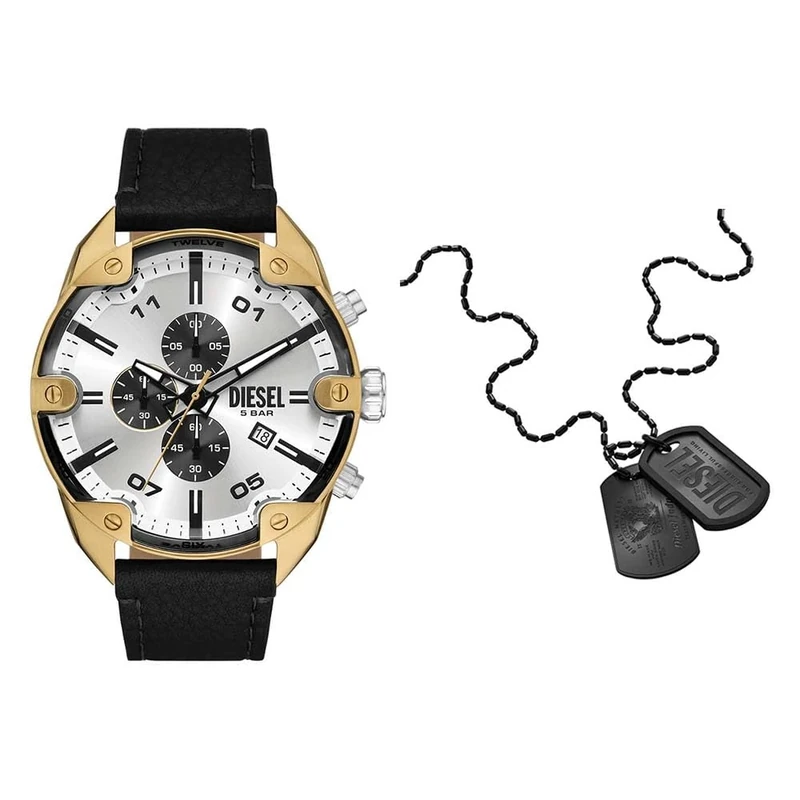 Diesel Men's Spiked Black Leather Watch and Font Necklace Stainless Steel, Set