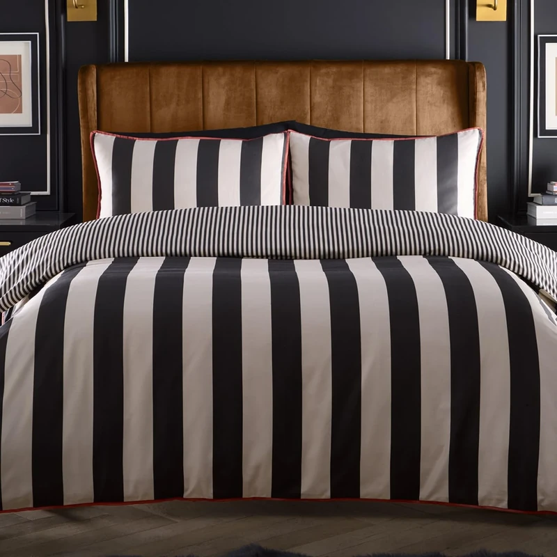 Laurence Llewelyn-Bowen - Festivo Circus Stripe Duvet Cover - Super King Bedding Size (260 x 220cm) - Soft 100% Cotton Sateen - 2 Pillowcases - Black & White Stripe Bedding - Luxury Bedding Set