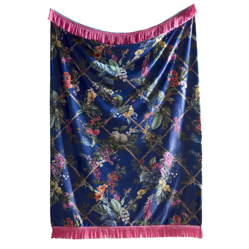 Laurence Llewelyn-Bowen Velvet Throw Blanket – Sapphire Blue Floral – 130 x 180cm – Reversible Botanical Design – Tassel Trim – Luxury Bed & Sofa Accessory