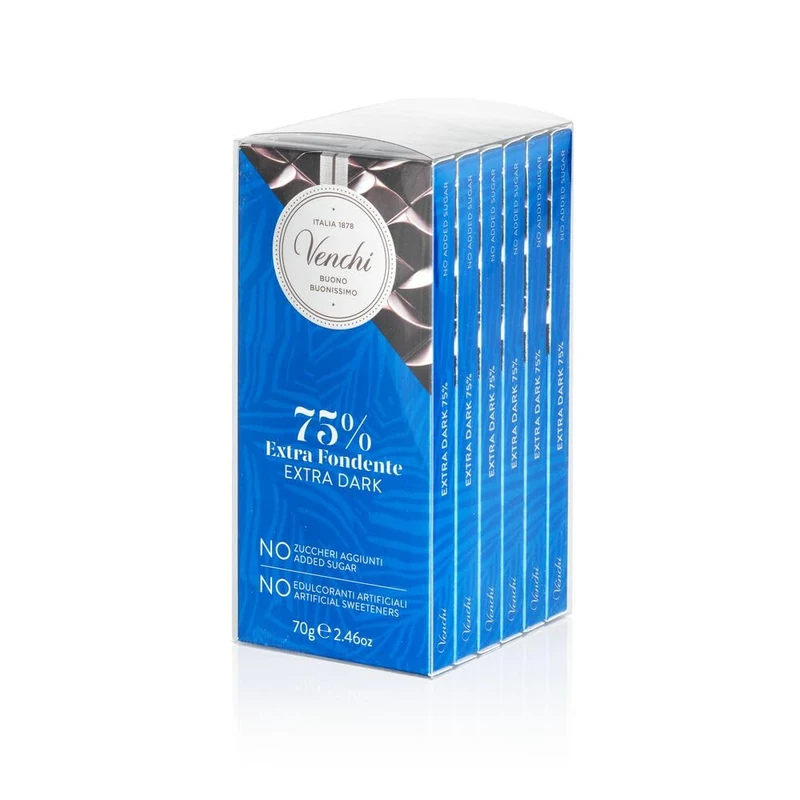 Venchi - Set of 6 Extra Dark Bars, 420 g - NO Added Sugar - NO Artificial Sweeteners - Gluten Free - Vegan - Great Gift Idea