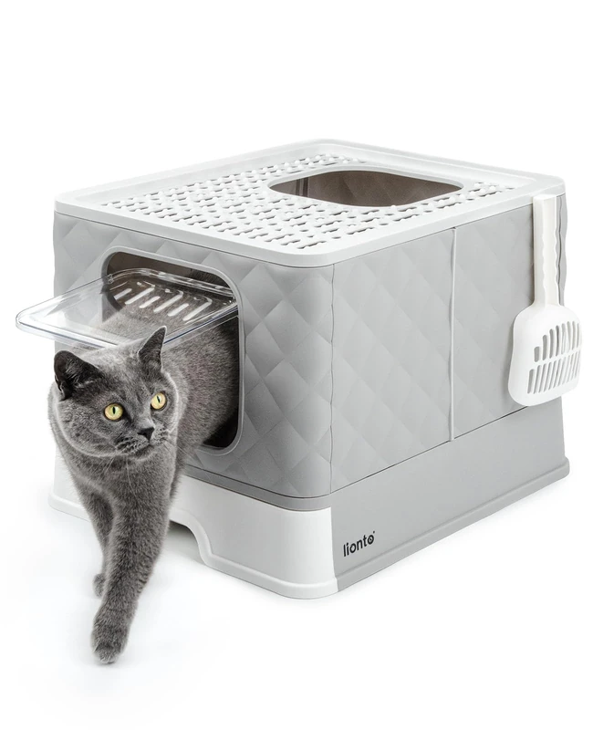 lionto Cat Litter Tray with Drawer & Shovel, 50.5 x 40.8 x 37 cm, Cat Litter Tray with 2 Outlets & Leak-Proof Base, for Cats up to 15 kg, Foldable, Durable PP Material, White/Grey