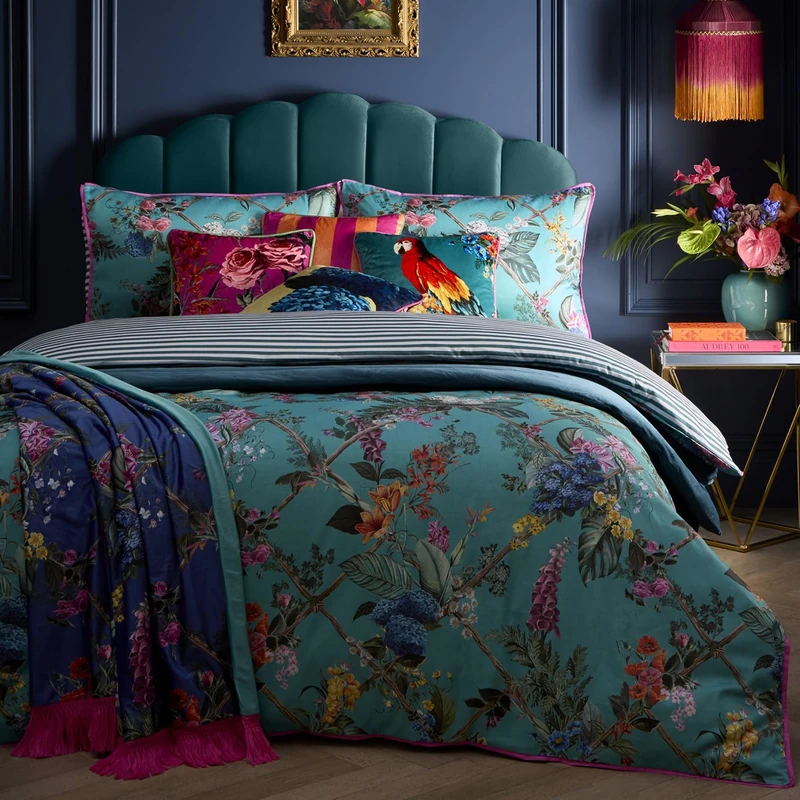 Laurence Llewelyn-Bowen - Teal Floral & Trellis Duvet Cover - King Bedding Size (230 x 220cm) - Reversible Designs - Soft 100% Cotton - 200 Thread Count - Luxury Bedding Set - 2 Pillowcases