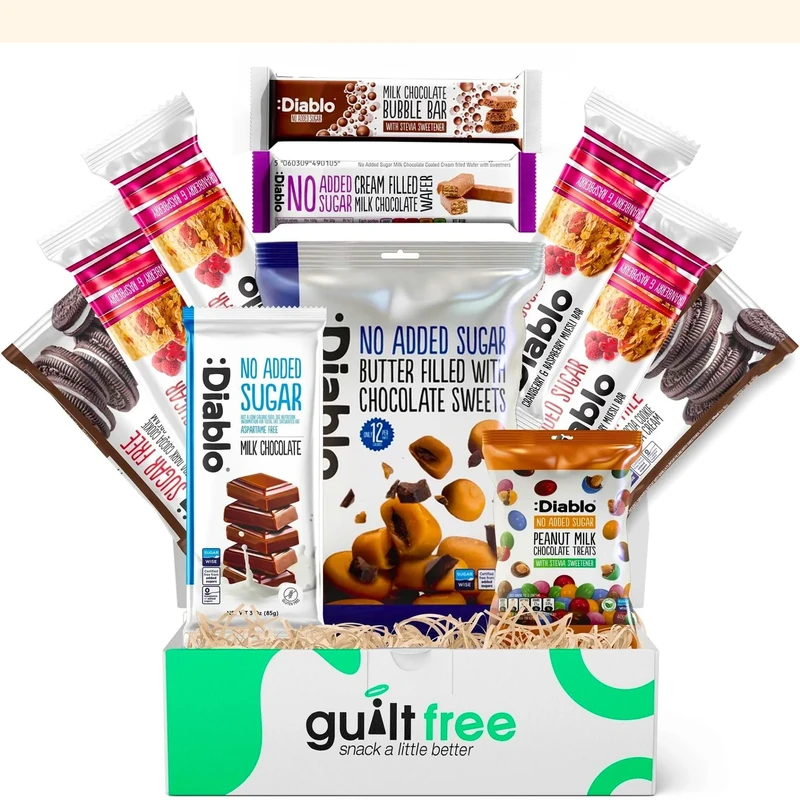 GuiltFree Sugar Free Snack Hamper Box | 11 No Added Sugar Treats with Cookies, Chocolate & Bars | Healthy Sweet Snack Box for All Occasions