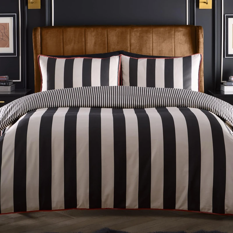Laurence Llewelyn-Bowen - Festivo Circus Stripe Duvet Cover - Double Bedding Size (200 x 200cm) - Soft 100% Cotton Sateen - 2 Pillowcases - Black & White Stripe Bedding - Luxury Bedding Set