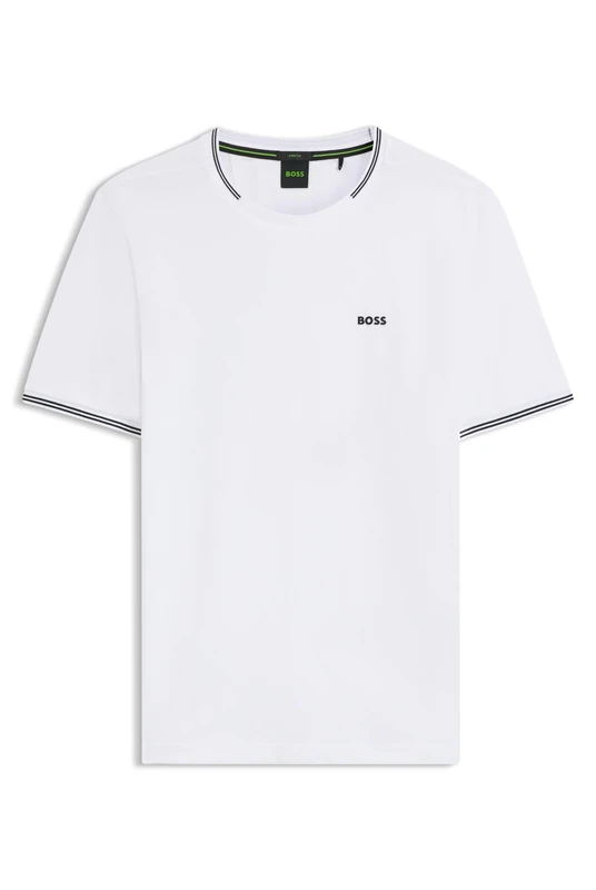 BOSS Mens Taul Stretch-Cotton T-Shirt with Logo and Stripes White