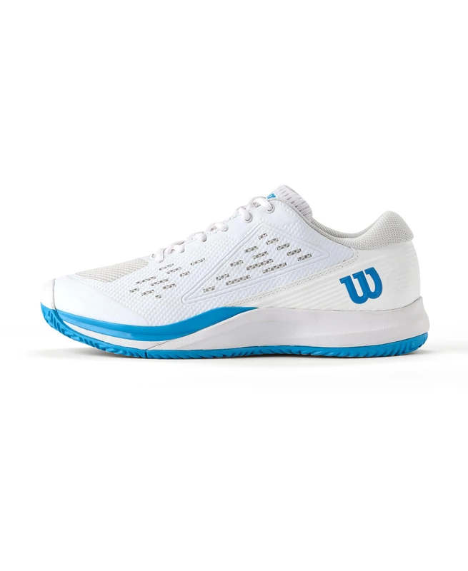 Wilson Rush Pro Ace Men's Tennis Shoes, Provide a Confident Fit and Dynamic Support, with Enhanced Stability and Superior Traction, Colour: White/Atomic Blue, Size: 13.5