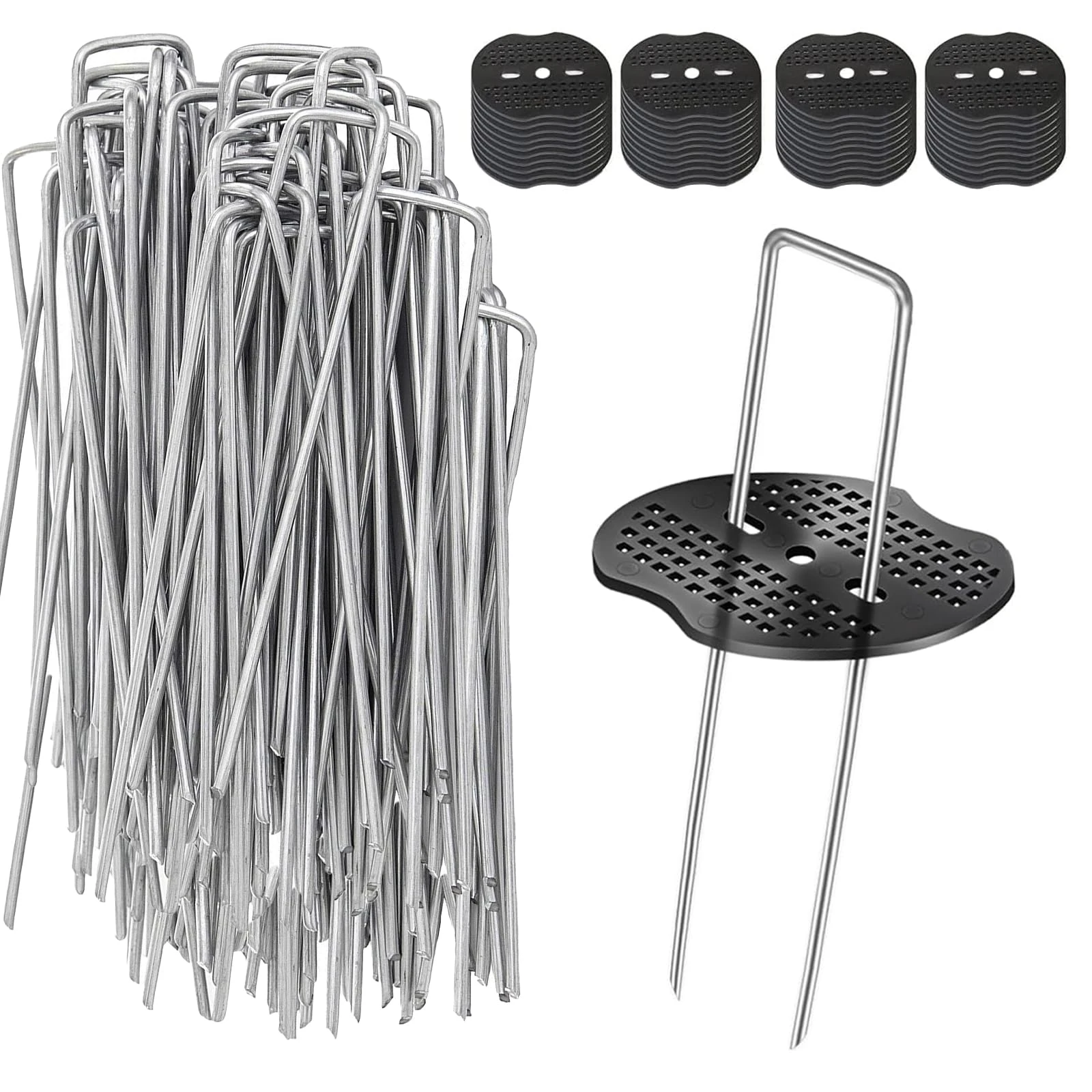 Weed Membrane Pegs, 50 Pack Metal 6"/150mm Weed Pegs+50 Pack Buffer Washer Heavy Duty Ground Pegs Fabric Garden Pegs Staples Artificial Grass Pins for Membrane