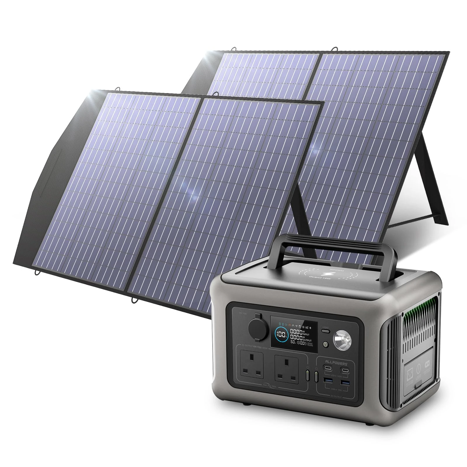 ALLPOWERS R600 Portable Power Station with 2x SP027 Solar Panels, 600W 299Wh LiFePO4 Solar Generator with 2x 100W Panels, Portable Generator with UPS Function, Fast Charging for Outdoor RV Home Use
