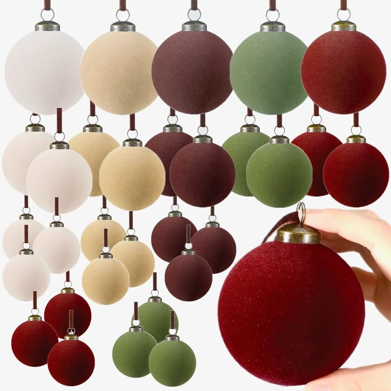 Velvet Christmas Ornaments Bulk Viral Flocked Christmas Tree Ball 30 Pack Ornaments Xmas Decorative Hanging Ornaments Christmas Tree Decoration 30 Pack Large, Small, Medium Bundle Pack