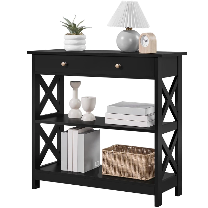 Yaheetech Console Table for Hallway, Slim Entryway Table with Drawer & Shelves, Wood Sofa Table for Small Space, Living Room, 80x30x80cm, Black