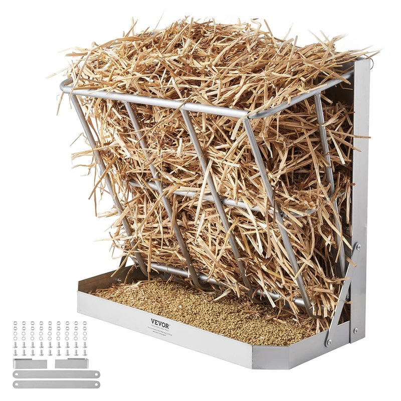 VEVOR Goat Hay Feeder, 21 Gallons Large Capacity, 2 in 1 Hay and Grain Feeder, Wall Mounted Livestock Feeder with Feed Tray, Multiple Sided Goat Hay Rack, Sturdy Steel Hay Rack for Sheep Horses