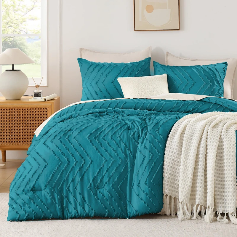 Andency Turquoise California King Comforter Set, Boho Cal King Soft Warm Tufted Bedding Comforter Sets, 3 Pieces Cali King Aesthetic Chevron Farmhouse Cute Bohemian Textured Bedding Set