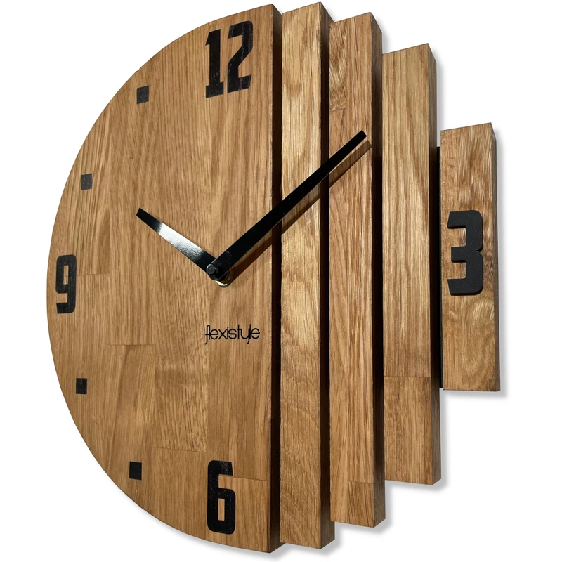 FLEXISTYLE Asymmetry Wall Clock Oak Bathroom Living Room Wood Modern Diameter without Ticking Noises Wood Look (Oak, 30 cm)