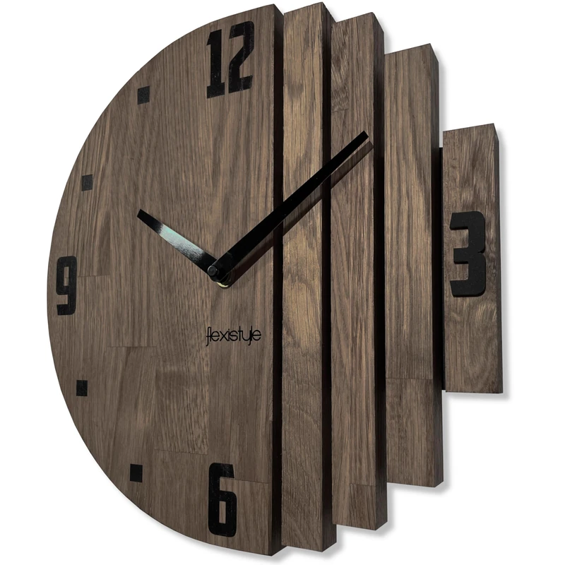 FLEXISTYLE Asymmetry Wall Clock Oak Bathroom Living Room Wood Modern Diameter without Ticking Noises Wood Look (Oak/Brown, 30 cm)