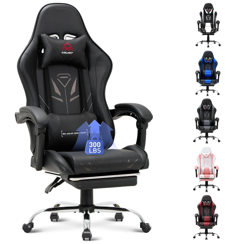 COLAMY Gaming Chair, Computer Chair with Footrest and Lumbar Support, Height Adjustable Gaming Chair with 360°-Swivel Seat and Headrest, Black