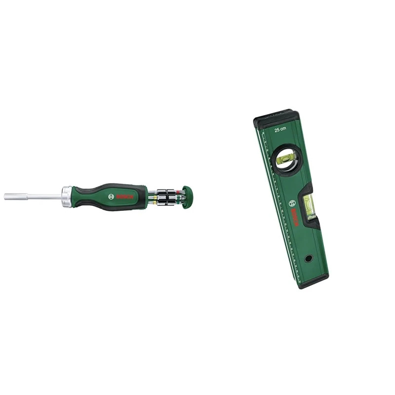 Bosch Home and Garden Rachet Screwdriver with 12 Bits + Spirit Level 25 cm