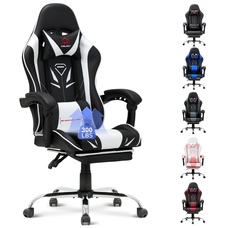 COLAMY Gaming Chair, Computer Chair with Footrest and Lumbar Support, Height Adjustable Gaming Chair with 360°-Swivel Seat and Headrest, White