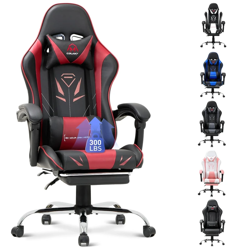 COLAMY Gaming Chair, Computer Chair with Footrest and Lumbar Support, Height Adjustable Gaming Chair with 360°-Swivel Seat and Headrest, Red