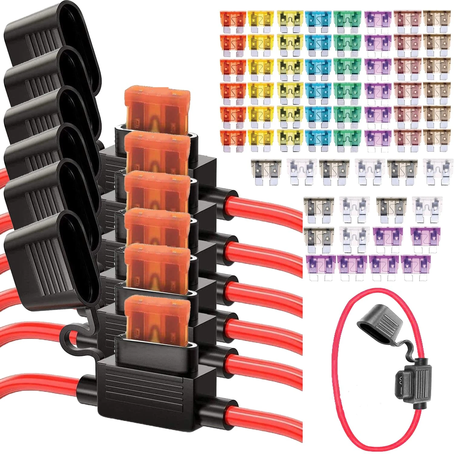 6pcs Inline Fuse Holder 12V, 12 AWG Waterproof Fuse Holder with 66 Pcs Standard Car Fuses (2A/3A/5A/7.5A/10A/15A/20A/25A/30A/35A/40A, in Line Fuse Holders for Marine Auto Electrical Circuits.