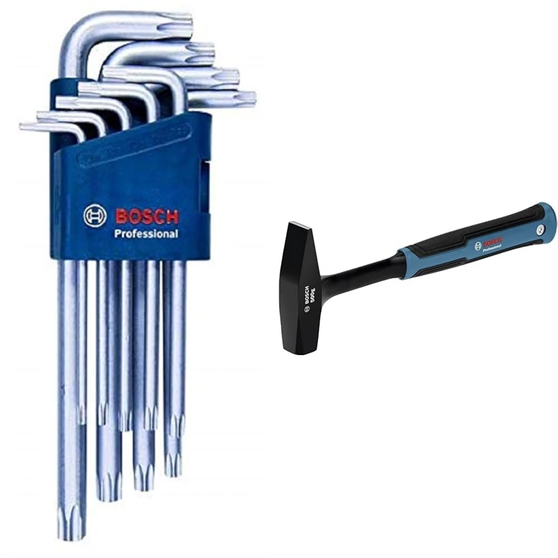 Bosch Professional 9-Piece TORX Angle Screwdriver Set + 500 g Cross-Peen Hammer (DIN 1041 Tested)
