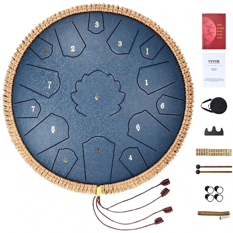 VEVOR Steel Tongue Drum, 14 in & 15 Notes, Rain Drum for Outside Garden, D Major Key, Tank With 2 Mallets & Carry Bag, Hand Pan Percussion Instrument for Musical Education Yoga, Navy Blue