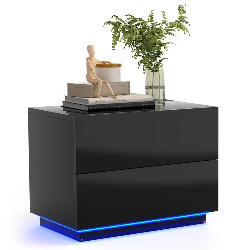 Mondeer Bedside Table, LED Bedside Cabinet with 2 Drawers, High Gloss for Bedroom Living Room, 60 x 39 x 45cm, Black