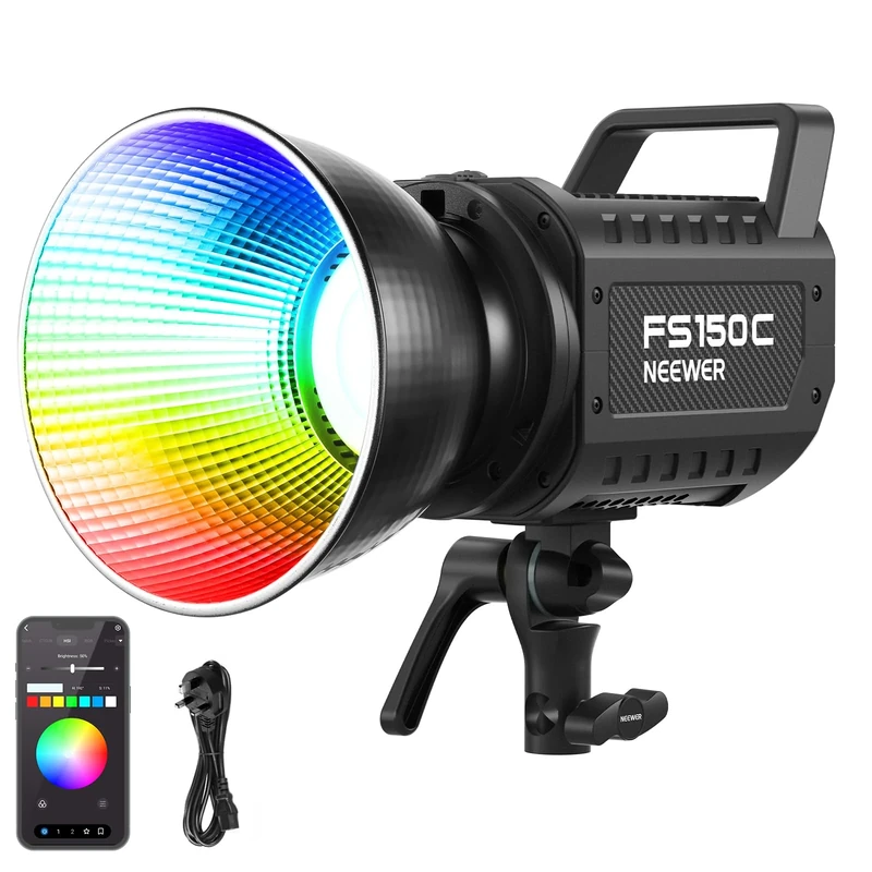 Neewer 130W RGB LED Video Light APP/2.4G Control 17 Effects, 2500-7500K 19800lux/1m COB Continuous Lighting Output with CRI97/TLCI98 4 Dimming Curves, Bowens Mount Spotlight for Studio Shoots, FS150C