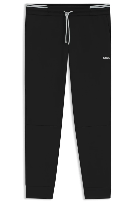 BOSS Mens Pants Zone Cotton-Blend Tracksuit Bottoms with Striped Trims Black