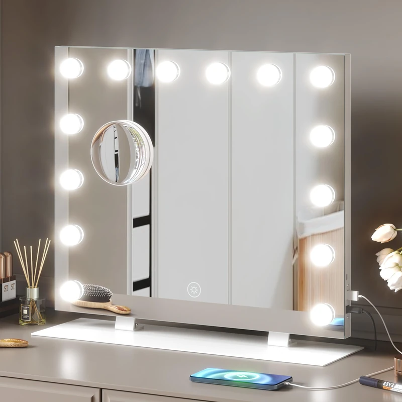 Mondeer Hollywood Vanity Mirror with Lights, 60x50cm Large Memory Makeup Mirror with 14 Dimmable Led Bulbs, 3 Color Modes, Type C and USB Charging, Tabletop and Wall Mounted, White
