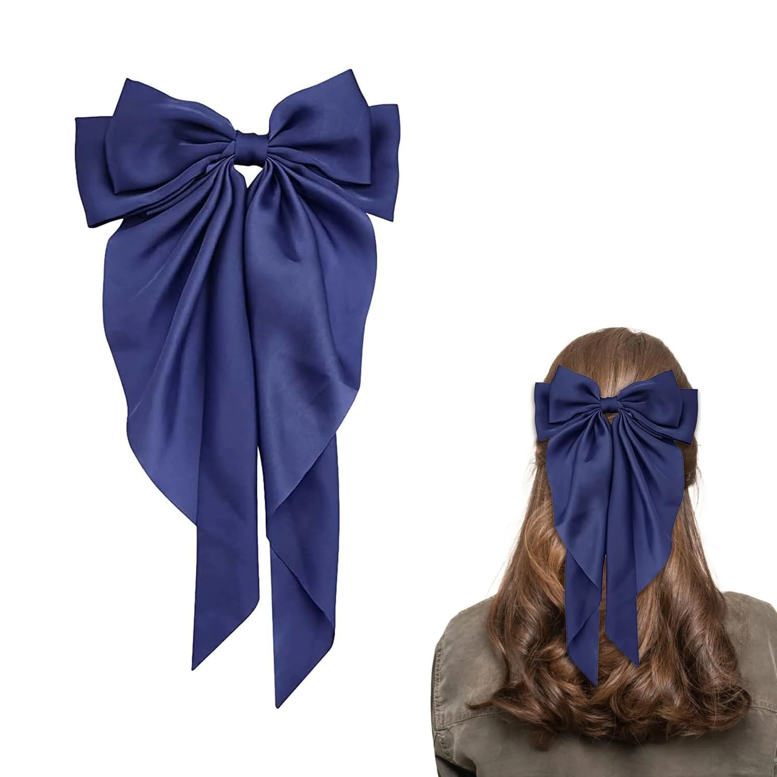 Royal Rose Hair Bow Clip for Women - Long Ribbon, French Soft Satin Silky Hair Accessory