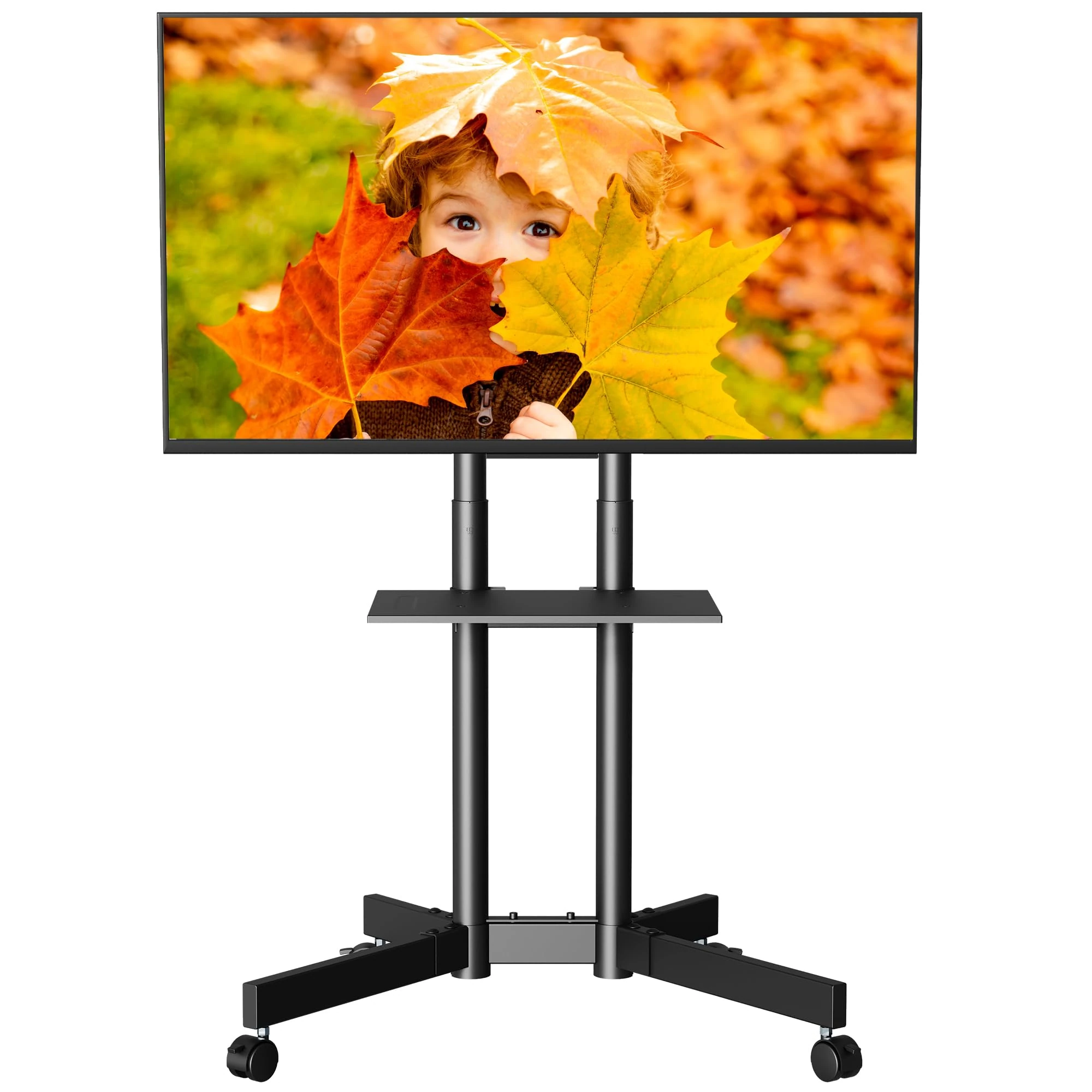 BONTEC Mobile TV Stand on Wheels, Rolling TV Cart with Locking Wheels for 32-85” LED, LCD, OLED Flat & Curved TVs, Tilt, Height Adjustable, Max VESA 600x400mm, 55kg Capacity, Laptop Shelf, Black