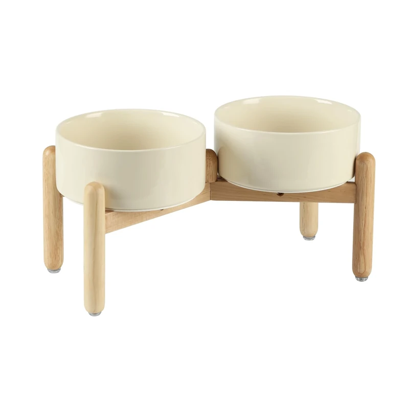 Havniva Ceramic 7.3inch Raised Double Bowls Set with Wooden Stand, Food & Water Bowls for Medium Breed Dogs, Weighted Dog Dishes, Pet Feeder(Beige)