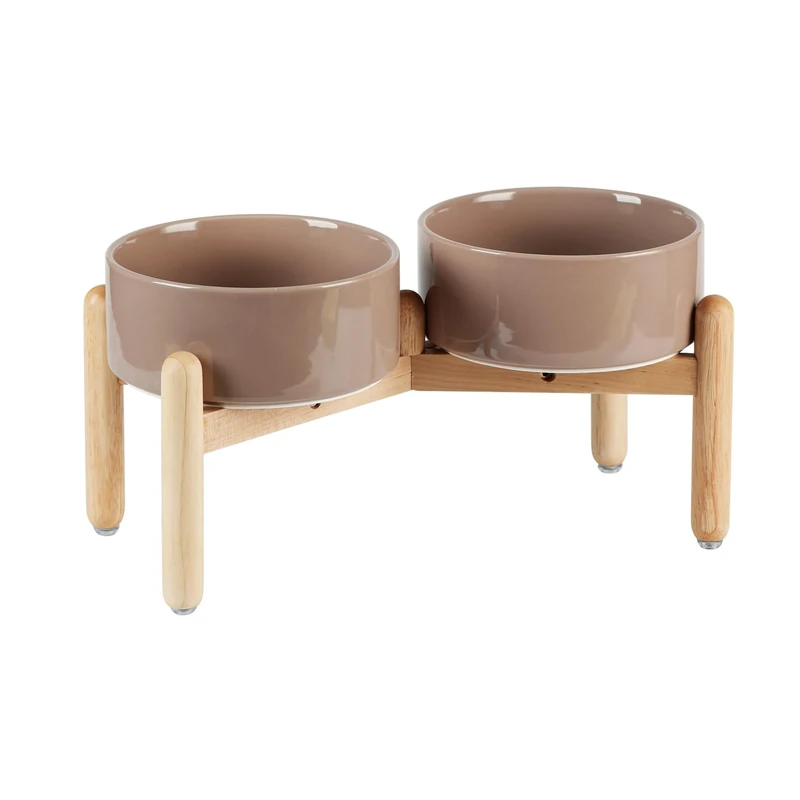 Havniva Ceramic 7.3inch Raised Double Bowls Set with Wooden Stand, Food & Water Bowls for Medium Breed Dogs, Weighted Dog Dishes, Pet Feeder(Brown Coffee)