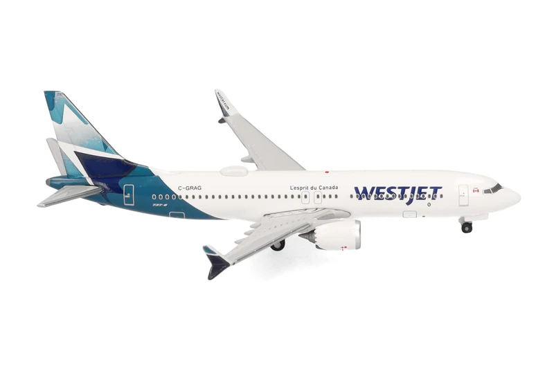 herpa 537803 Model Aircraft Westjet Boeing 737 Max 8 - C-GRAG, Miniature Scale 1:500, Collectable, Model without Base, Metal Miniature Model, White, Blue