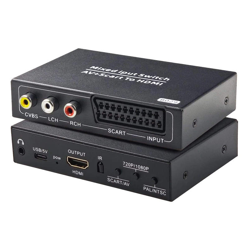 BolAAzuL AV SCART to HDMI Converter, 2-in-1 Composite CVBS & SCART (RGB/CVBS) Input to HDMI Output Adapter, PAL/NTSC 1080P w/Power & Remote for Retro Gaming Console, DVD Player, HDTV/Monitor