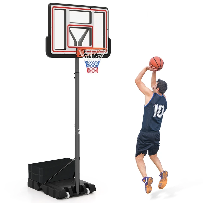 GYMAX Basketball Hoop Outdoor, 7.4-10FT Height Adjustable Portable Basketball Goal with Shatterproof Backboard and Free Weight Bag, 2 Wheels Basketball Stand System for Teens Youth Adults