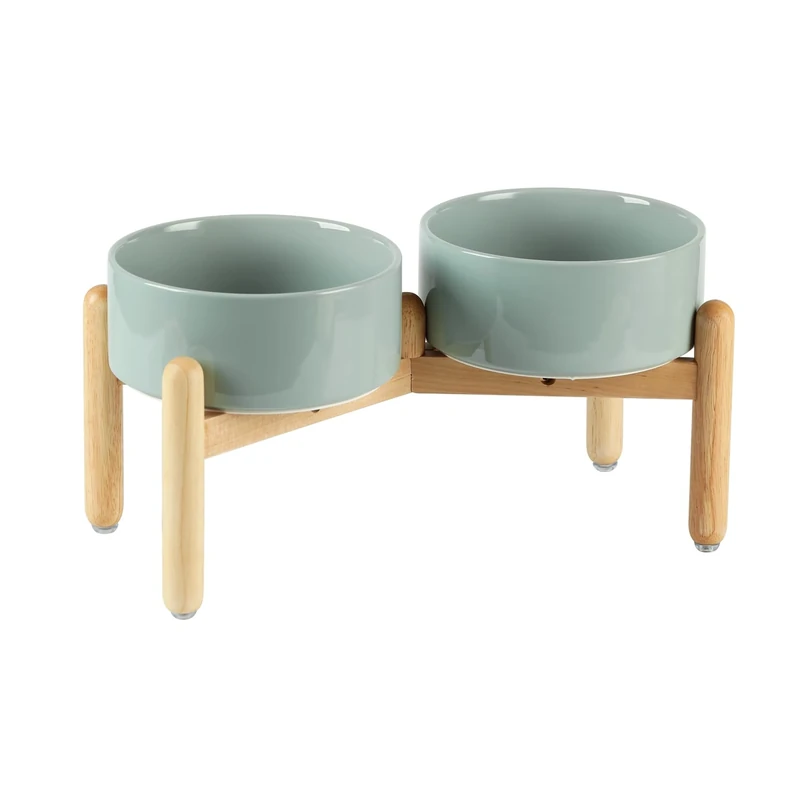 Havniva Ceramic 7.3inch Raised Double Bowls Set with Wooden Stand, Food & Water Bowls for Medium Breed Dogs, Weighted Dog Dishes, Pet Feeder(Light Green)