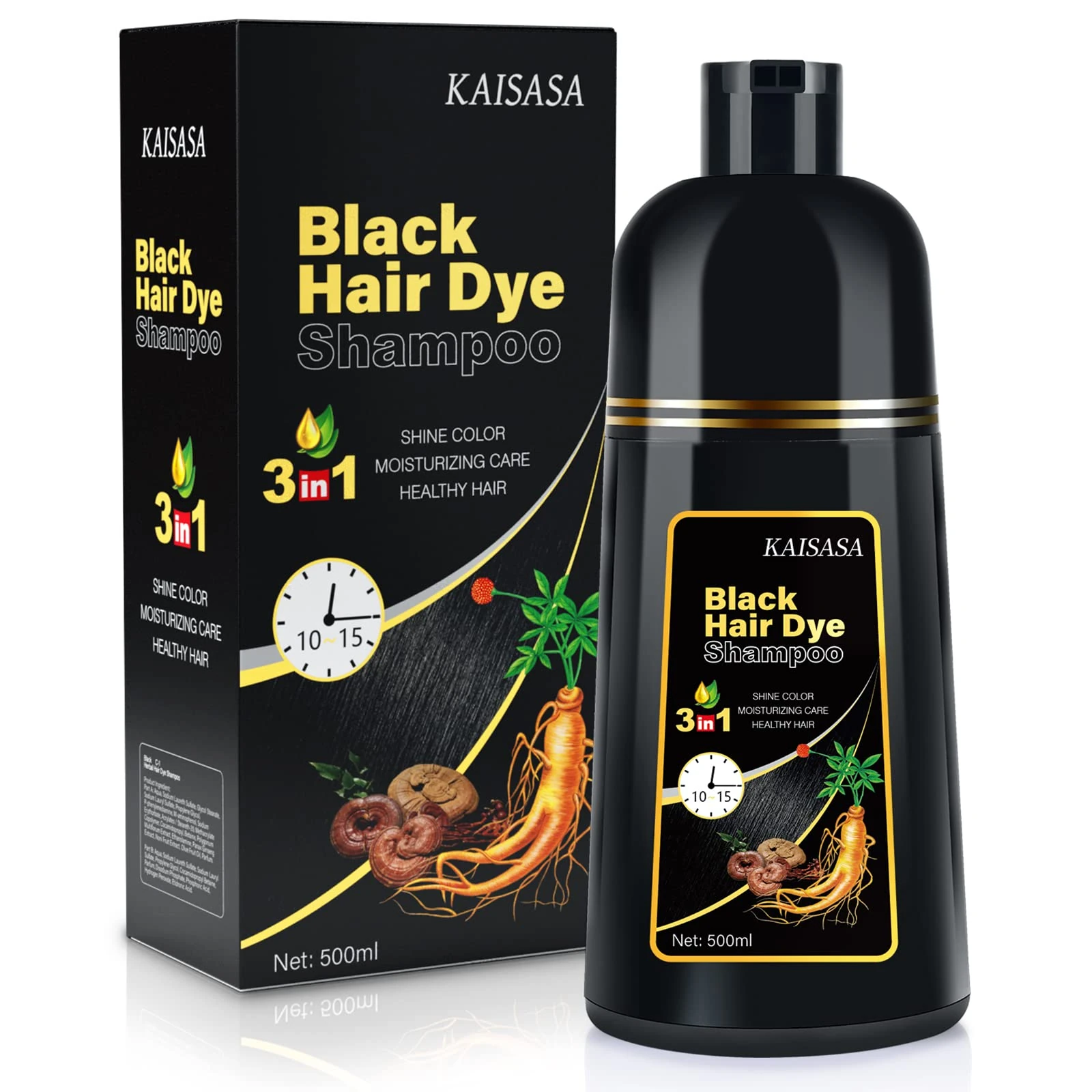 Black Hair Dye Shampoo 3 in 1, Natural Hair Dye Semi Permanent Color, 100% Gray Hair Cover Up for Treated Color for Women and Men, 500ML