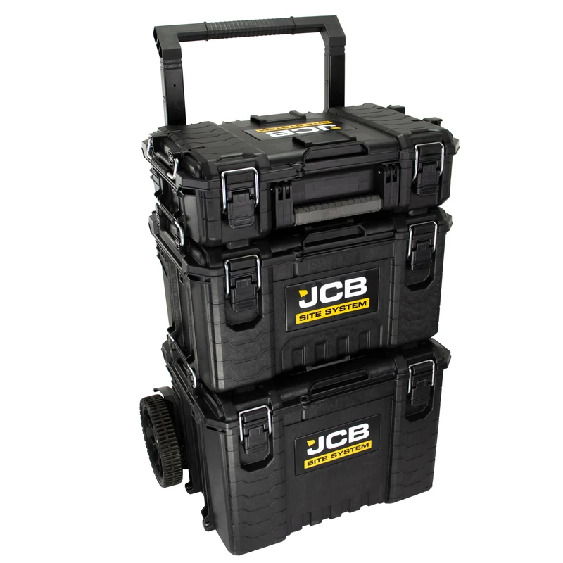 JCB Site System, 3-Piece Modular Tool Box, Rolling Tool Storage Organiser, Heavy-duty 9’’ Wheel Trolley