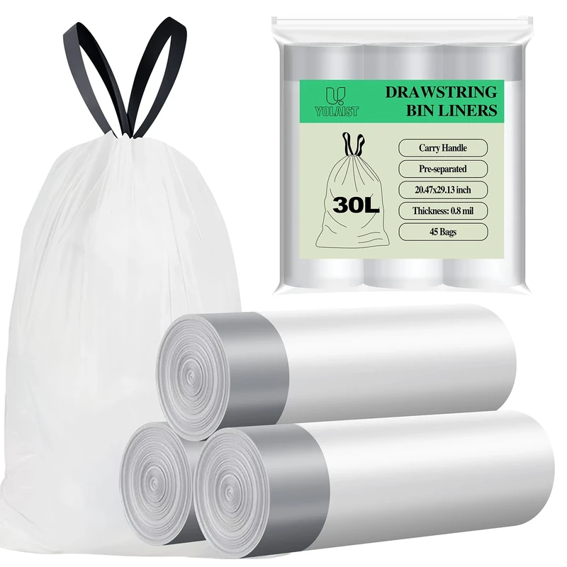 Yolaist Bin Bags 30L, 20um Strong Tall Kitchen Pedal Bin Liners, 45 Counts White 30L Bin Liners with Tie Handle, Thicken, Quick Dispense