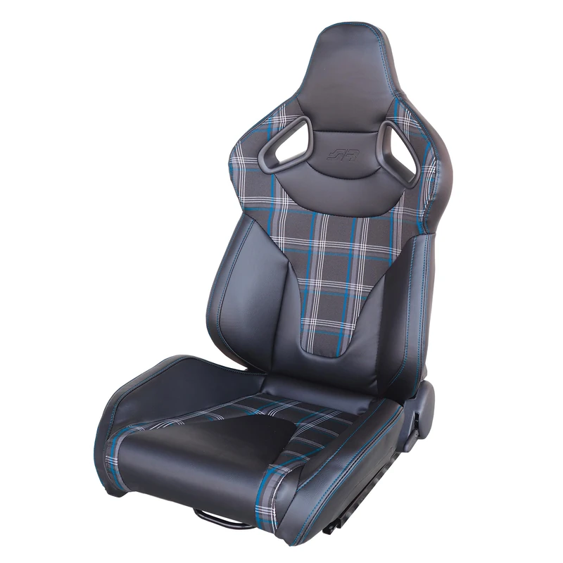 SIMONI RACING SRS/13SB Jackie Heated Sports Seat, Reclining Fabric with Blue Stripes and Black Leather, Universal – Left Adjustment Lever