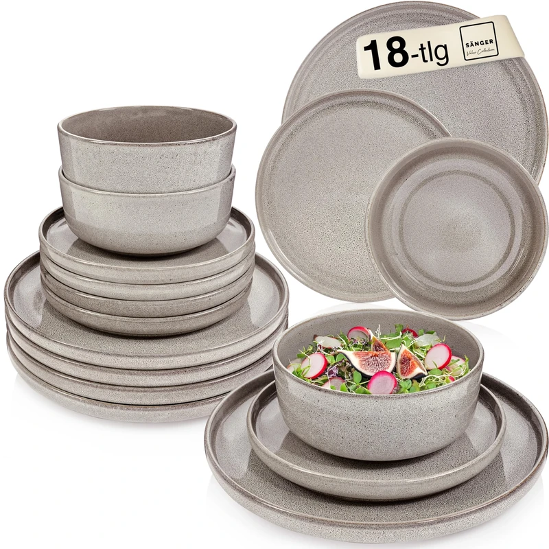 SÄNGER Kairo Clay 18-Piece Stoneware Tableware Set for 6 People, 6X Dinner Plates, 6X Dessert Plates, 6X Bowls Crockery Set & Grey Bowl, Value Collection
