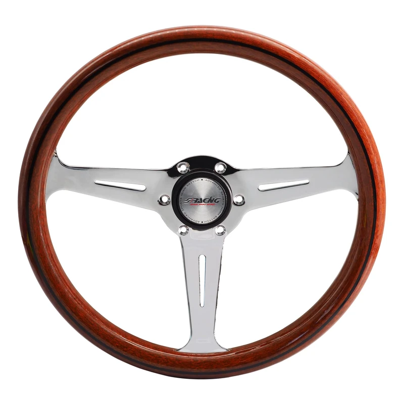 Simoni Racing RESIA Sports Steering Wheel Universal Wood Look with Chrome-Plated Spokes Nardi Bore - Image 1
