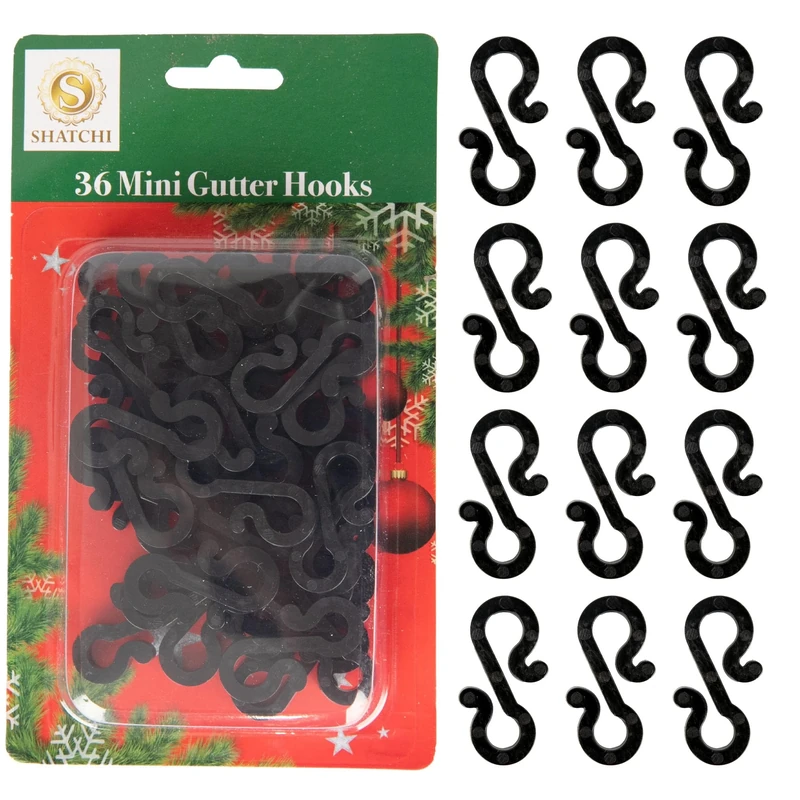 36Pcs Black Mini Gutter Hooks S Shape – Reusable Christmas Light Hangers, Plastic Gutter Hanging Clips for Outdoor Festival & Seasonal Fairy Lights