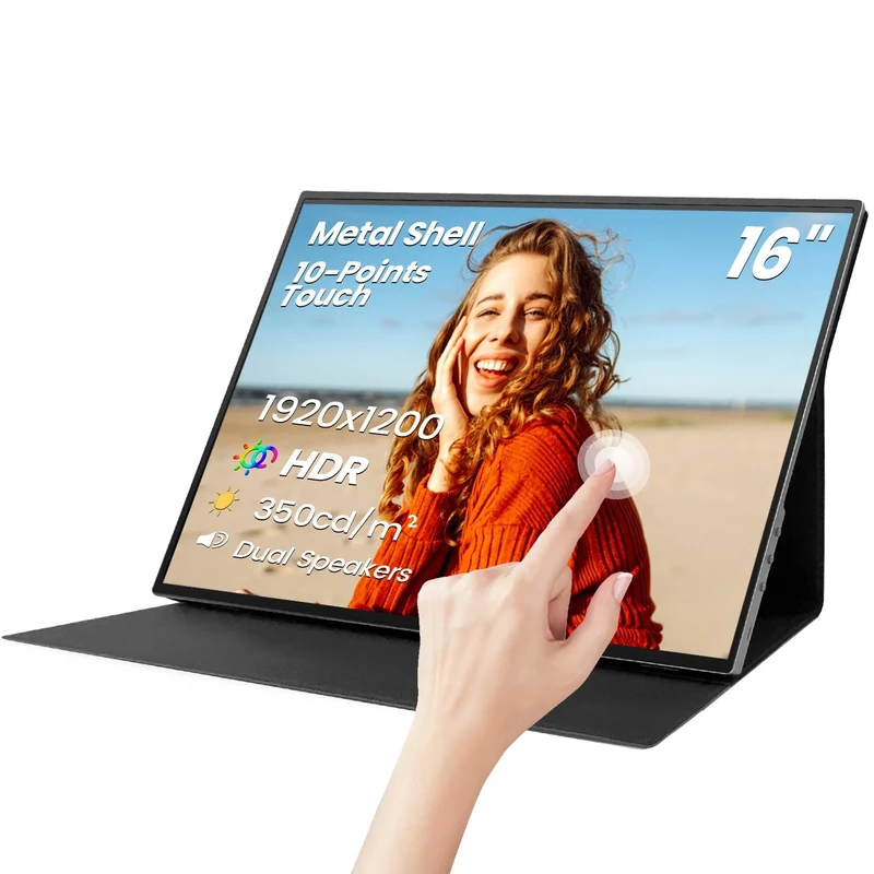 16 Inch Touchscreen Portable Monitor, HDR10, Metal Shell Travel Screen with Smart Cover and Speakers, IPS 1920x1200P External USB-C HDMI Secondary Touch Display for Laptop/PC/Game Console/Phone