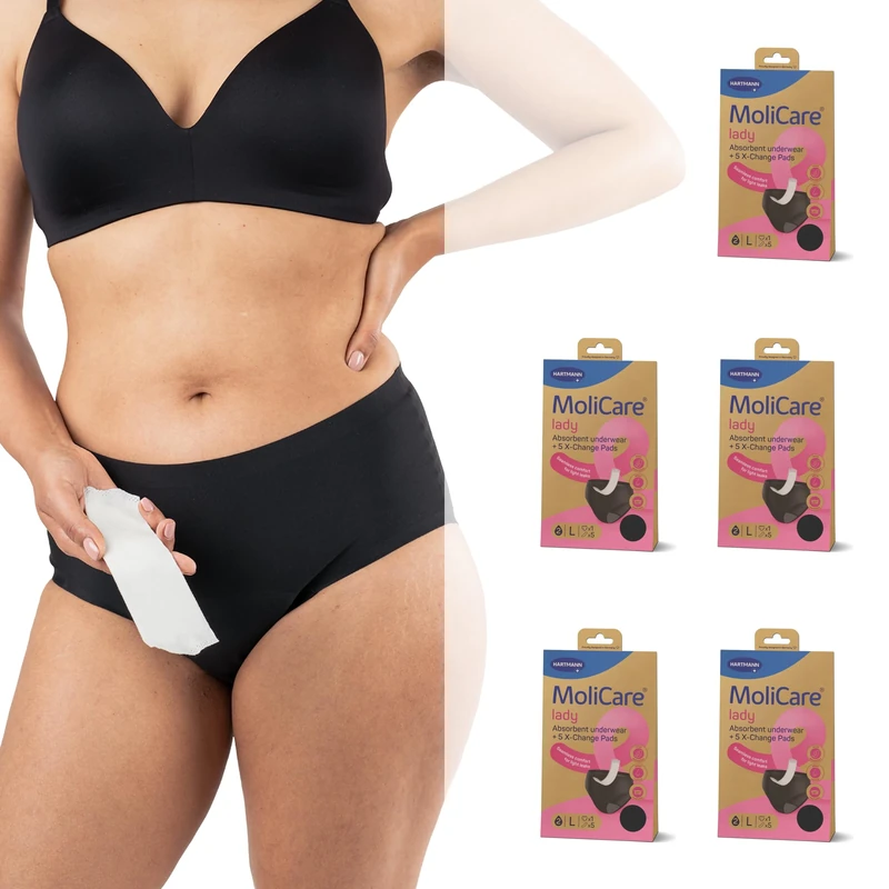 MoliCare Lady - Invisible Absorbent Washable Incontinence Pants with Disposable X-Change Pads for Extra Protection, Pads Discreetly Hidden in Inner Pocket, Size M, Washable at 60° C, Black, Pack of 5