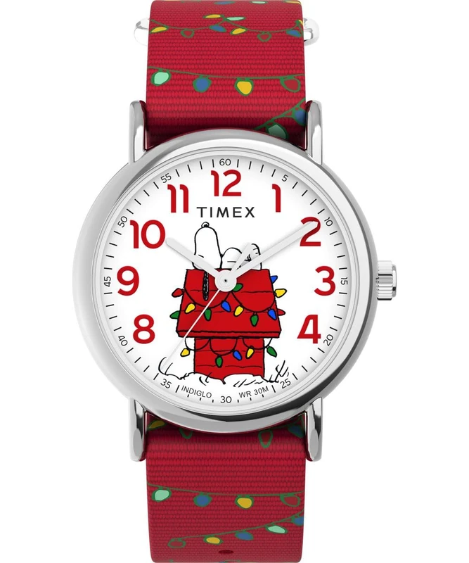 Timex Women's Peanuts 38 mm Watch - Red Fabric Slip-Thru Strap White Dial Silver-Tone Case TW2W80800