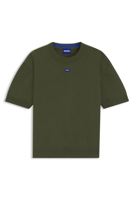 HUGO Mens San Carson-CP Knit Sweater with Short Sleeves and Blue Logo Badge