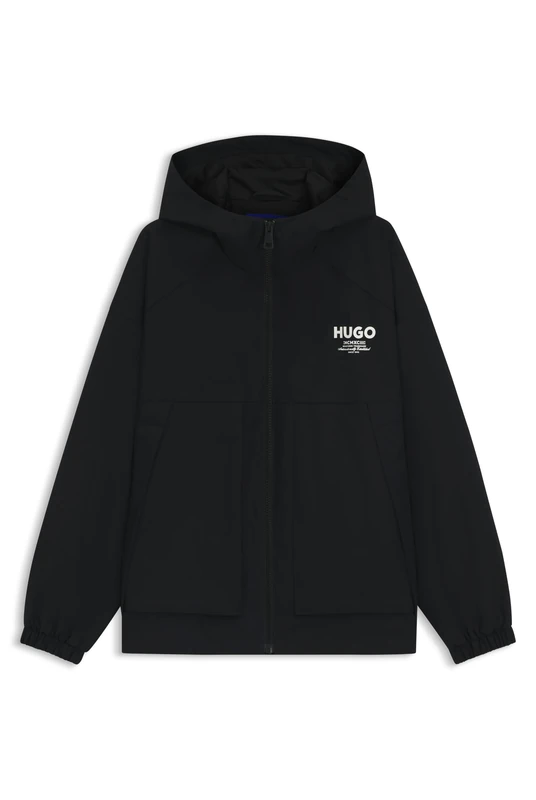 HUGO Mens Bod2531 Water-Repellent Hooded Jacket with Logo Prints Black